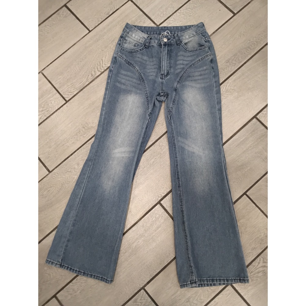 NVFelix‎ Womens Light Wash Wide Leg Flare Jeans Curved Seam Detail Size Small